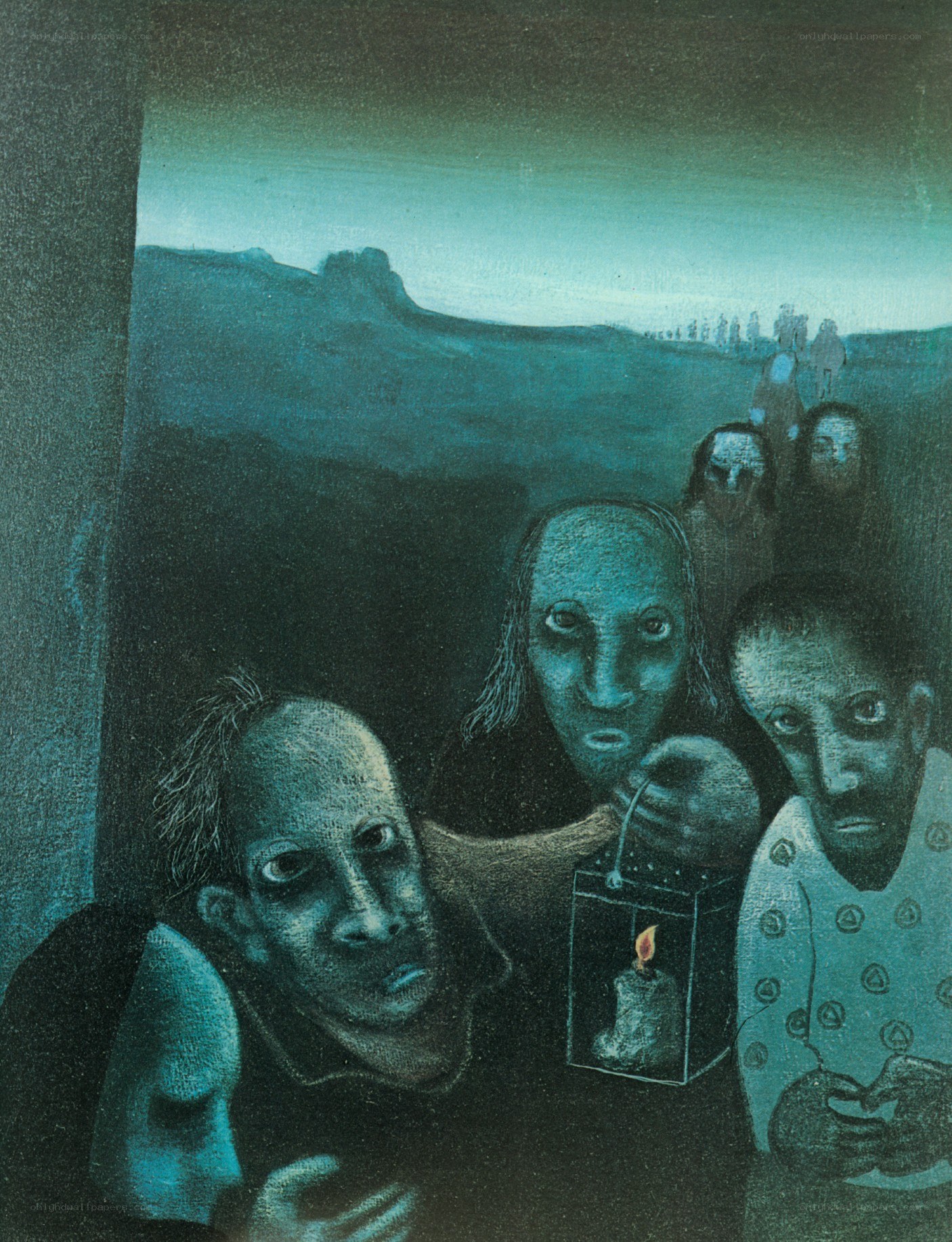 Group with lantern in dark landscape