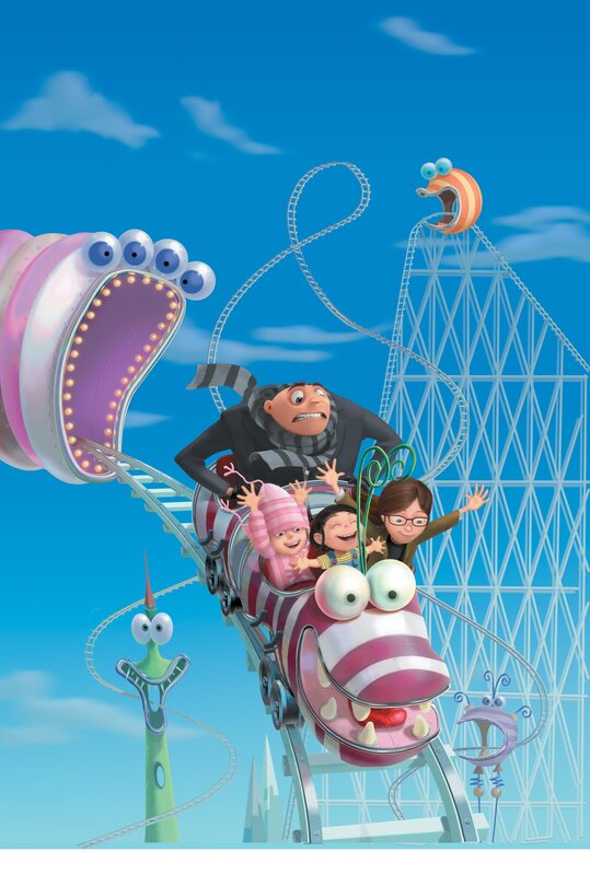 Gru and the kids on a roller coaster