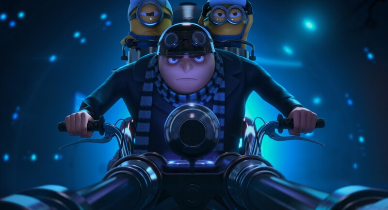 Gru on a motorcycle with minions