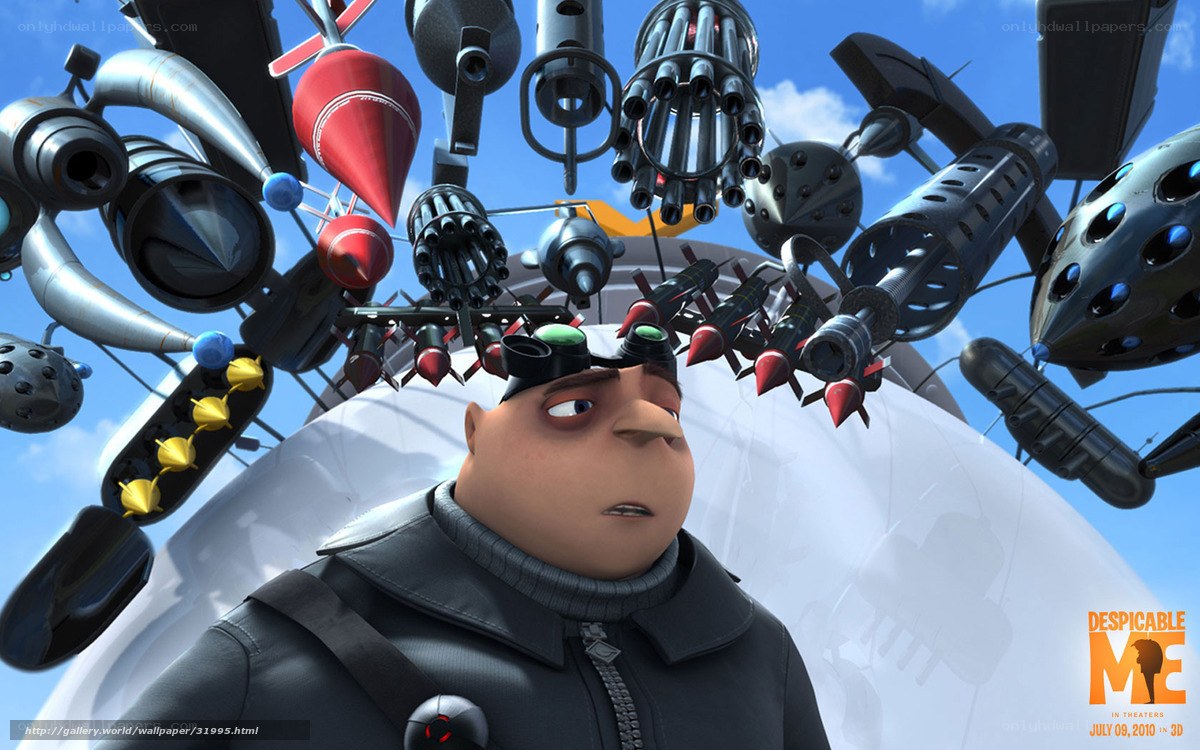Gru with weapons above head