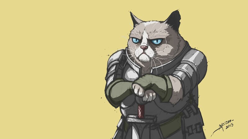 Grumpy Cat in Armor — Yellow, Serious, Digital Art