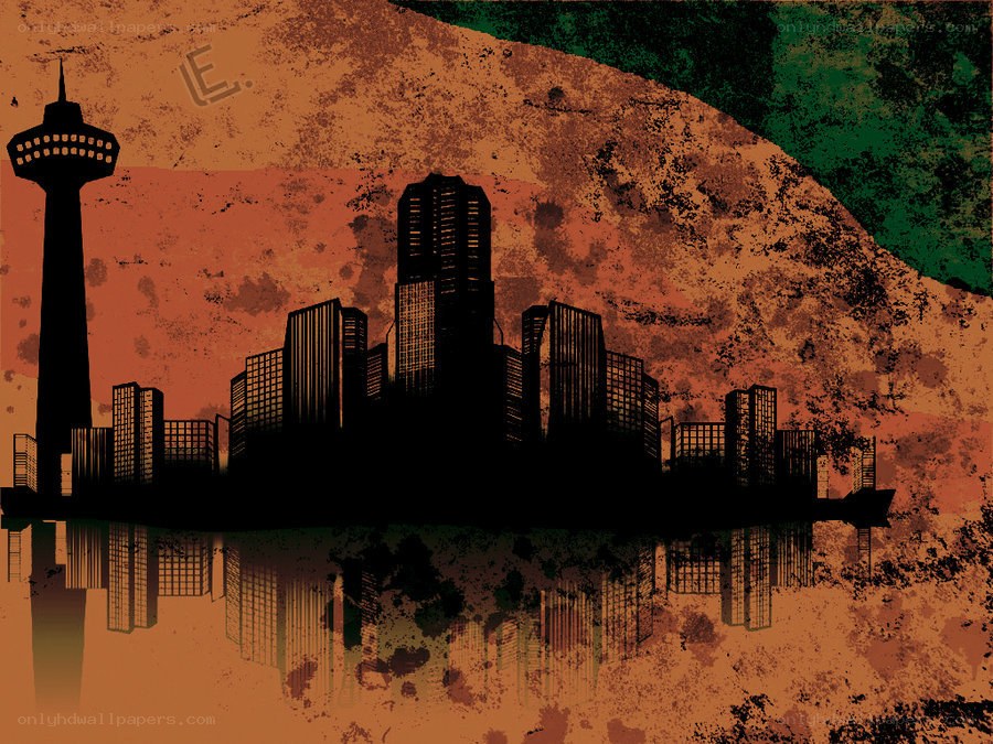 grunge city skyline with tower