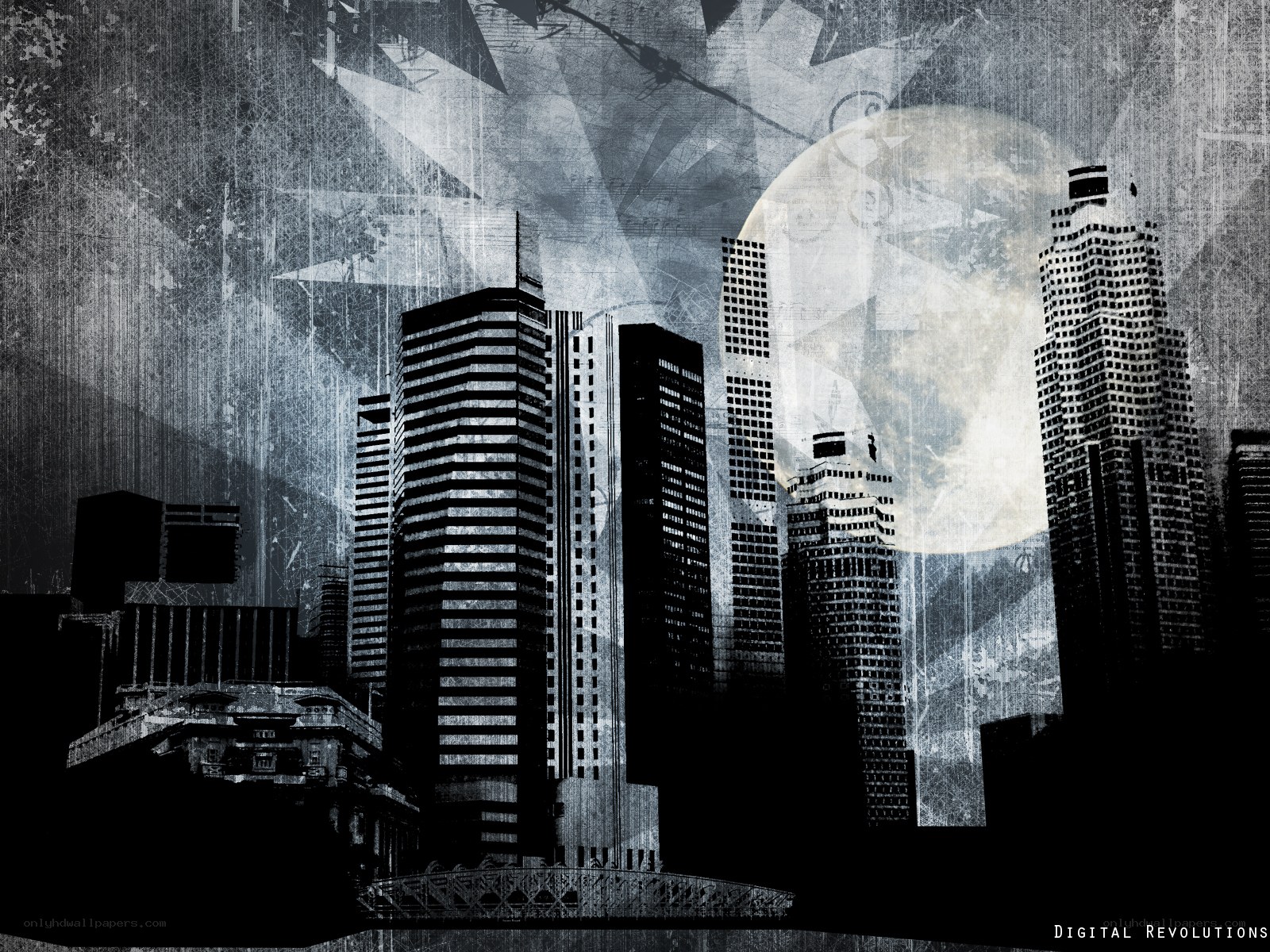 grunge cityscape with moon