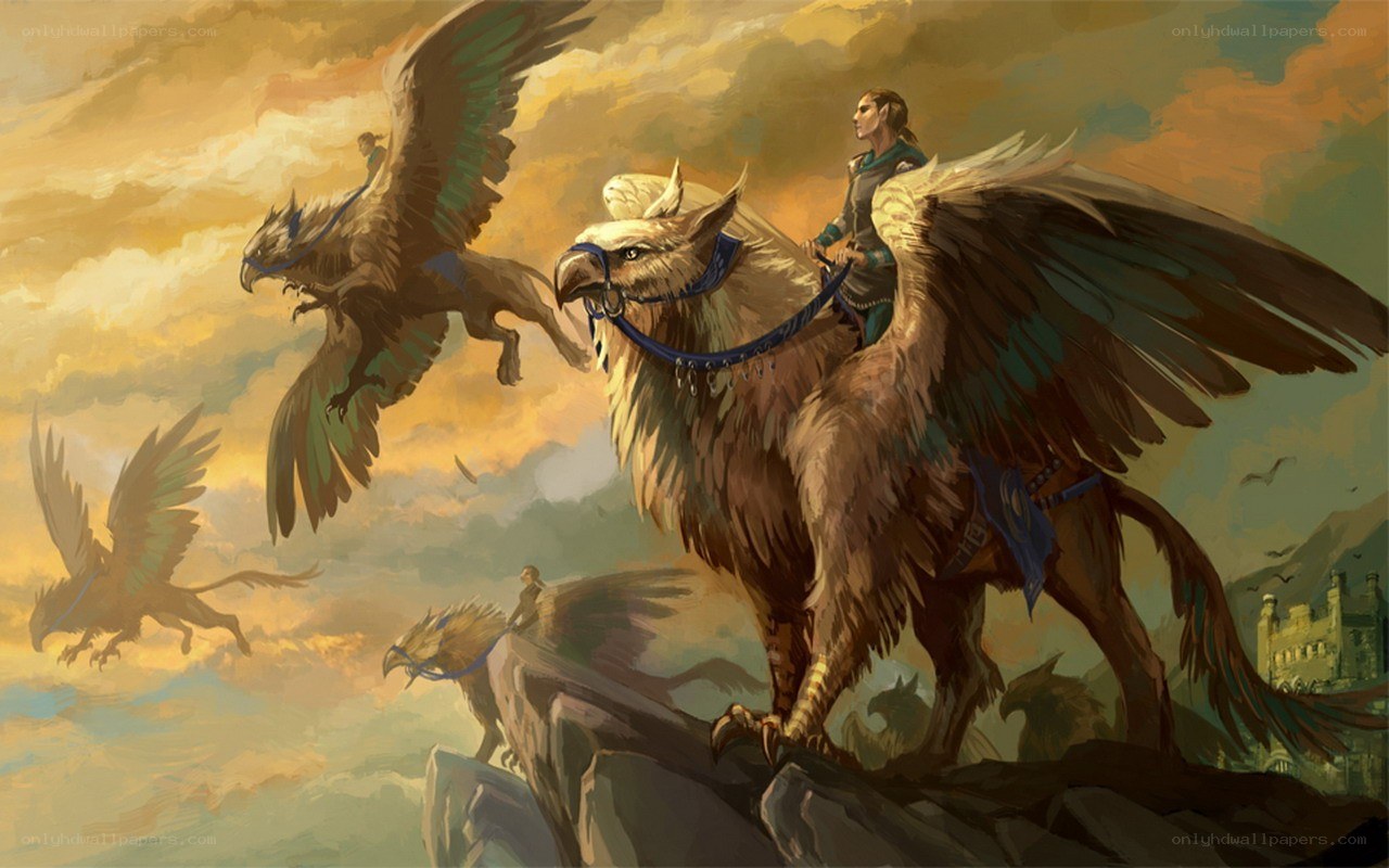 Gryphons in flight at dawn
