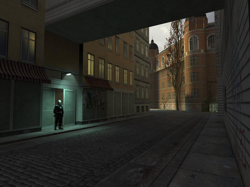 Guard in a cobblestone alley