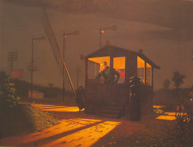 Guard in a railway hut at night