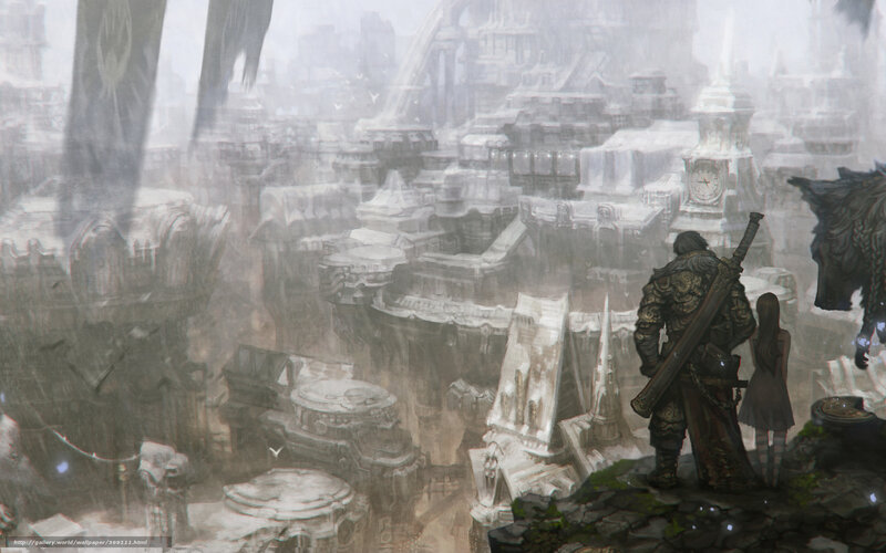 Guardian and child overlook ancient city