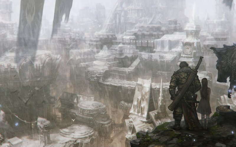 Guardians overlook a foggy city