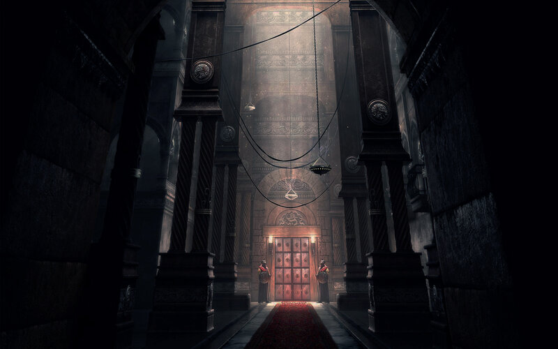 Guards at Ornate Door — Black