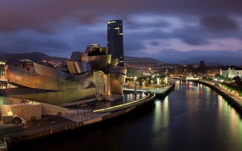 Guggenheim Museum Bilbao — Blue, Dramatic, Night, Photograph