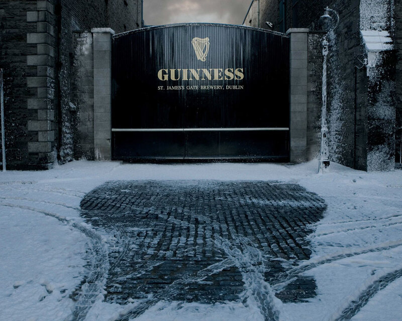 Guinness brewery entrance in snow