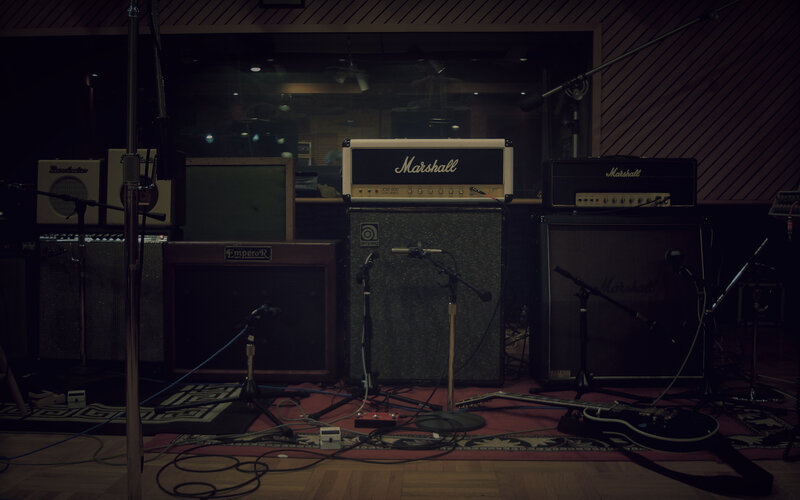 Guitar Amplifiers in Studio — Black, Dark