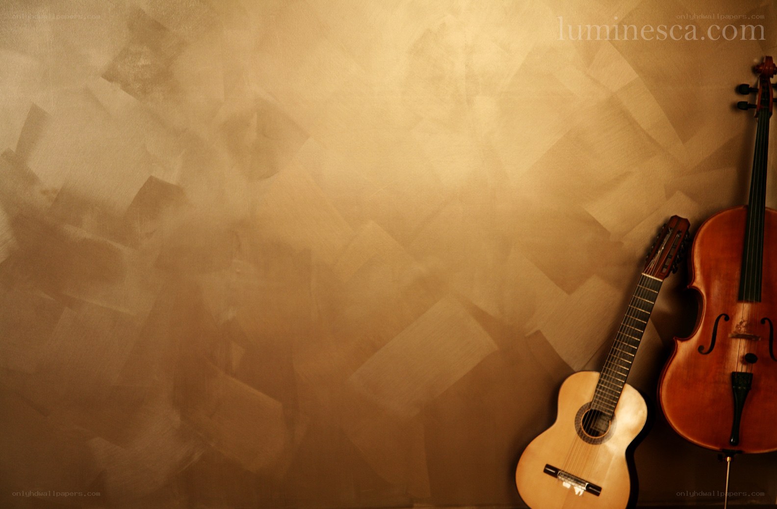 Guitar and cello on textured wall