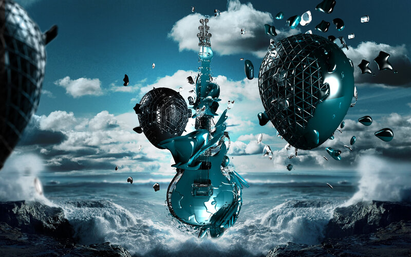 Guitar and disco balls in stormy sea