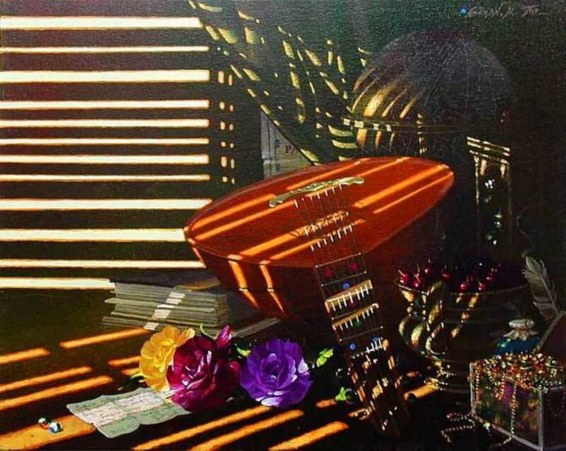 Guitar and Flowers on Table