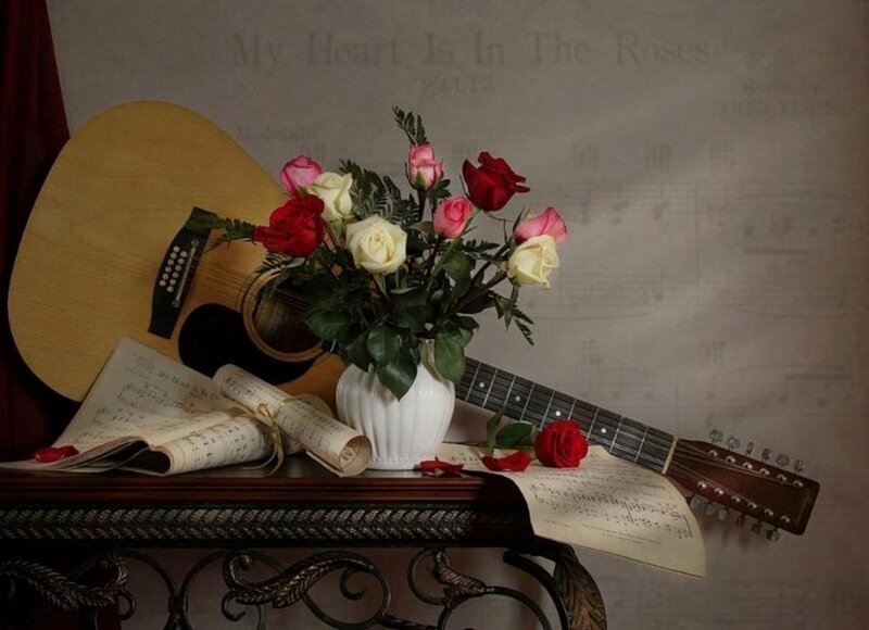 Guitar and Roses on Table — White