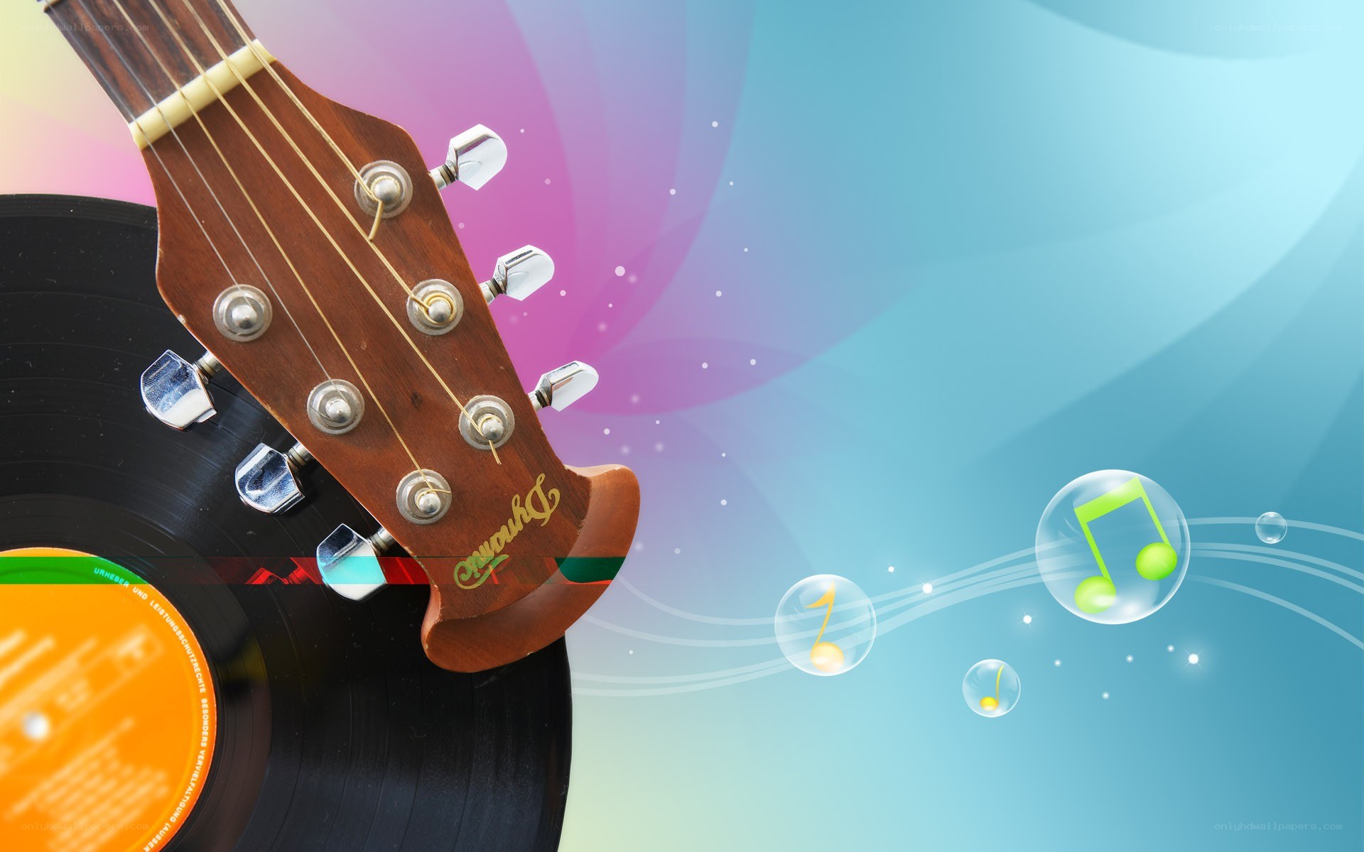 Guitar and vinyl record with music notes