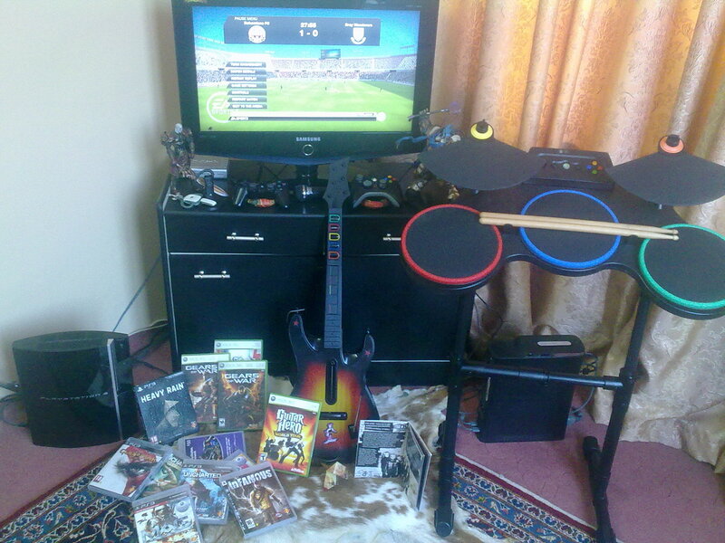 guitar hero and drum set setup