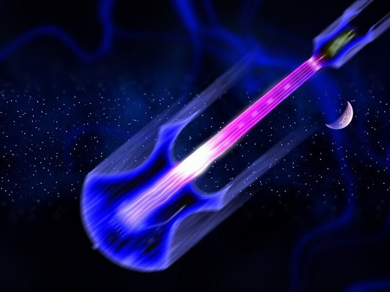 Guitar in space with light beam