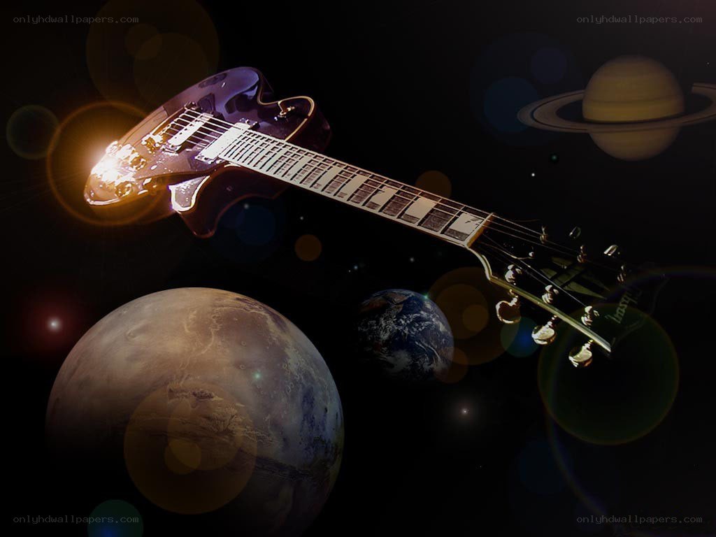 Guitar in space with planets