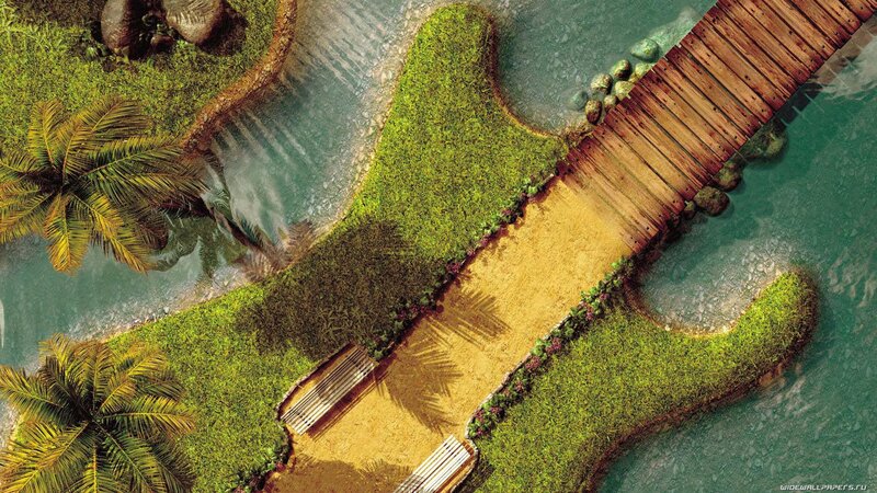 guitar-shaped island with wooden bridge