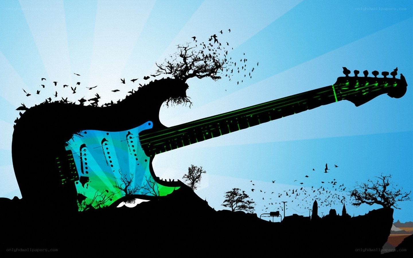 Guitar-shaped landscape silhouette