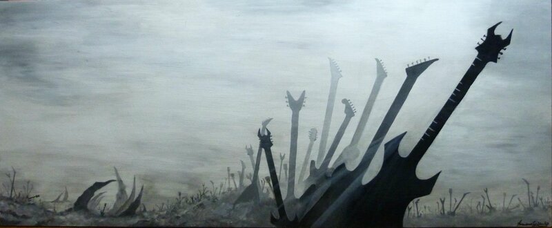 Guitar silhouettes in a desolate landscape