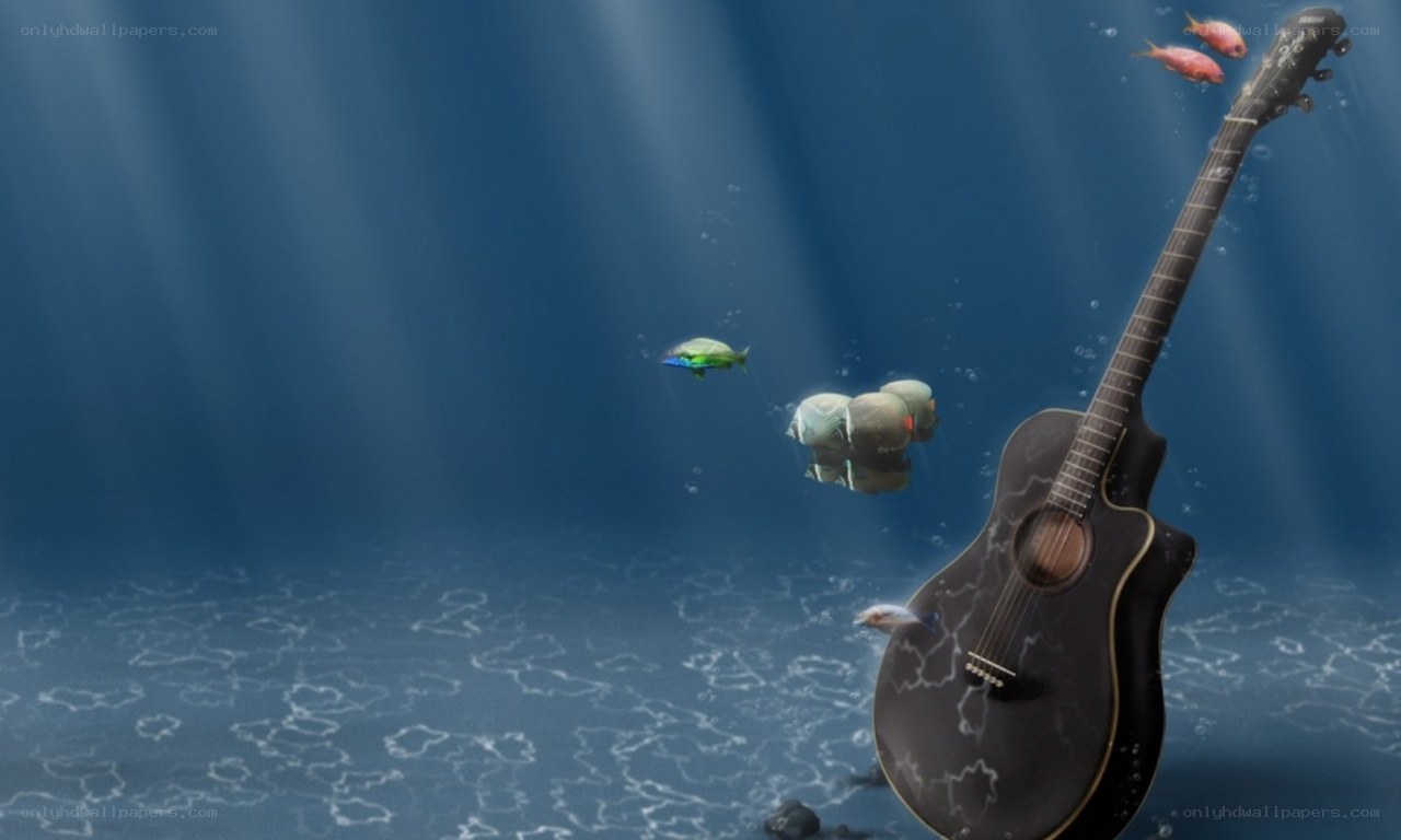 Guitar underwater with fish