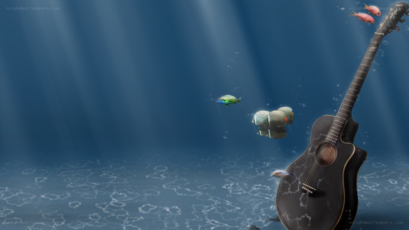 guitar underwater with fish