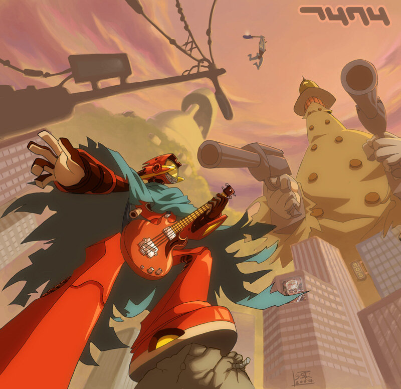 Guitar-wielding robot in city chaos