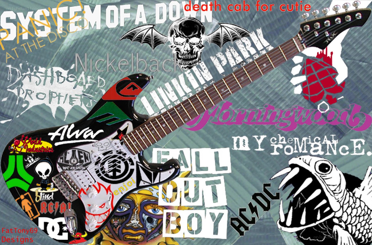 guitar with band logos collage
