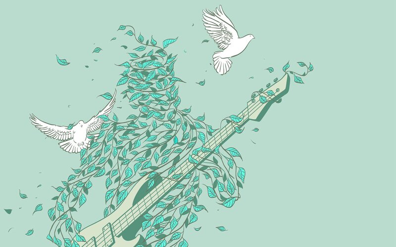 guitar with leaves and doves