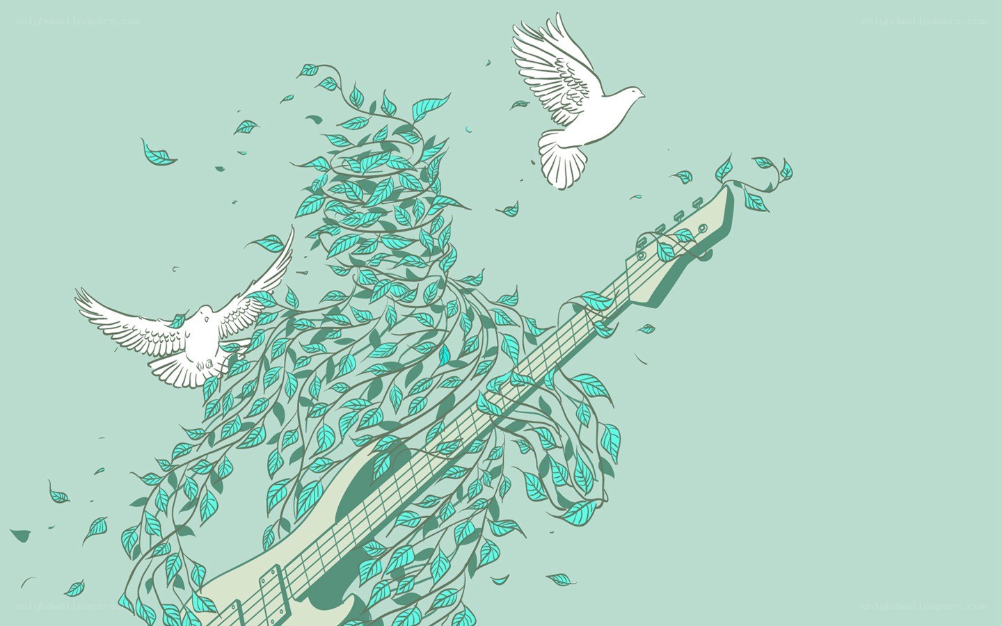 guitar with leaves and doves
