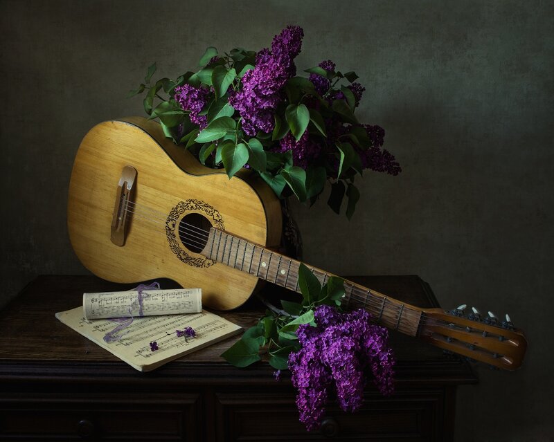 Guitar with Lilac Flowers