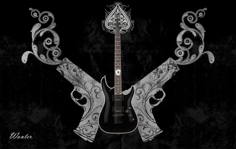 Guitar with ornate pistols