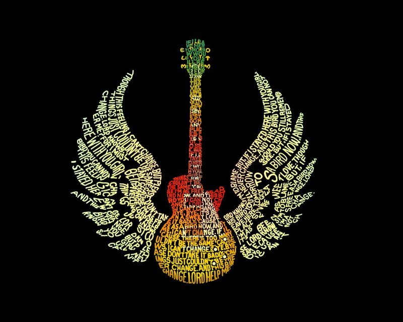 Guitar with Wings — Black, Dramatic, Digital Art, Lyrics, Yellow