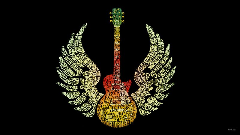 Guitar with Wings — Black, Dramatic, Digital Art, Text, Yellow