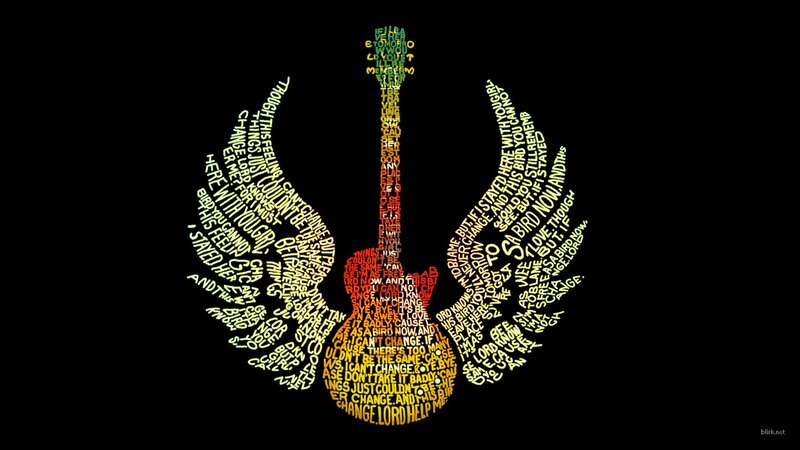Guitar with Wings Made of Text — Black, Dramatic, Digital Art