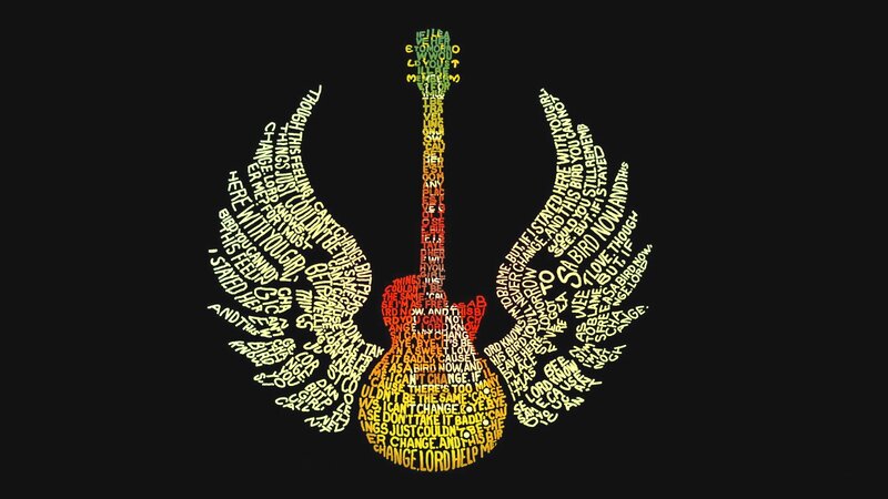 Guitar with Wings Made of Text — Black, Dramatic
