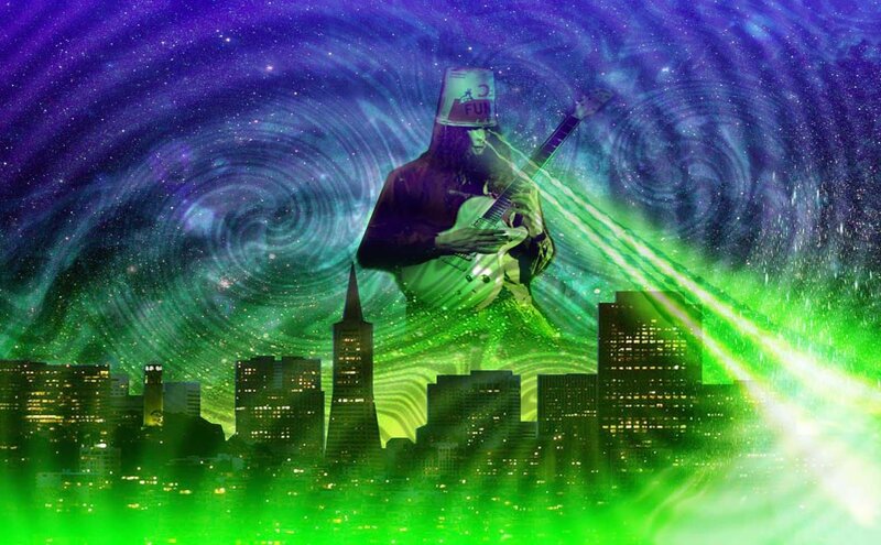guitarist in cosmic cityscape