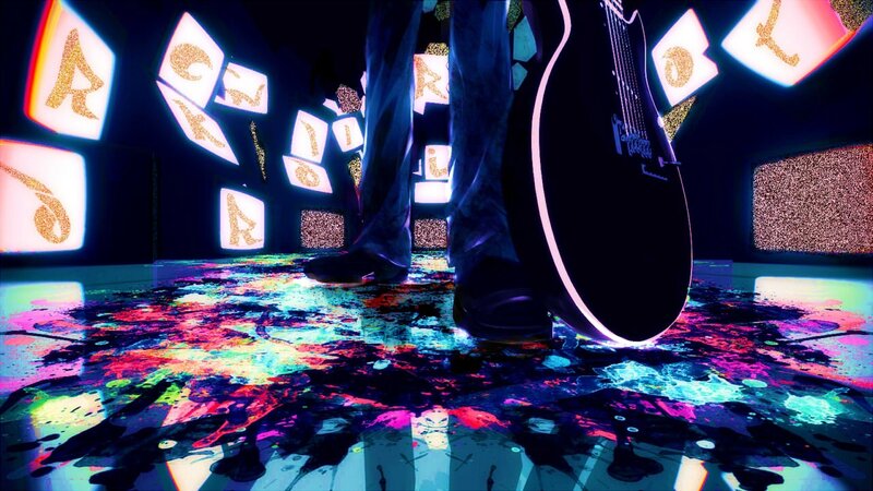 Guitarist in neon-lit room