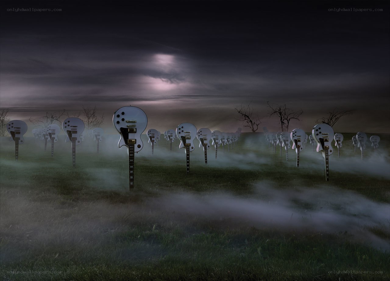 Guitars in a foggy field