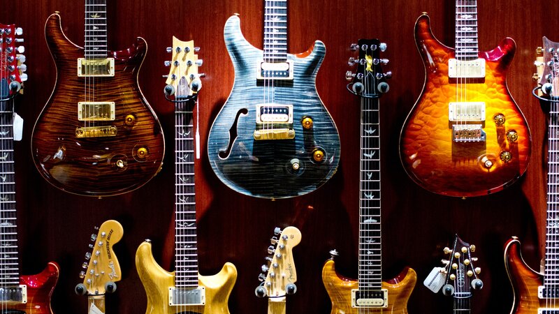 Guitars on a wall display