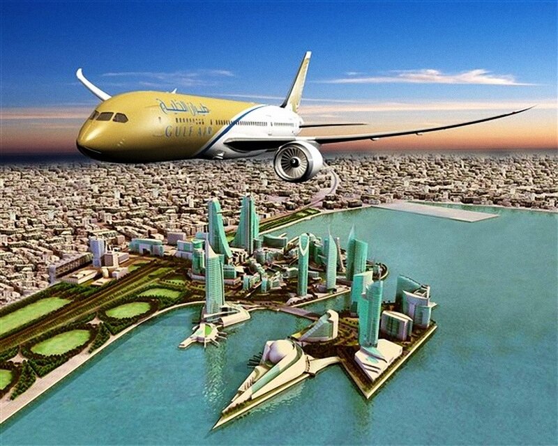 Gulf Air aircraft over futuristic city
