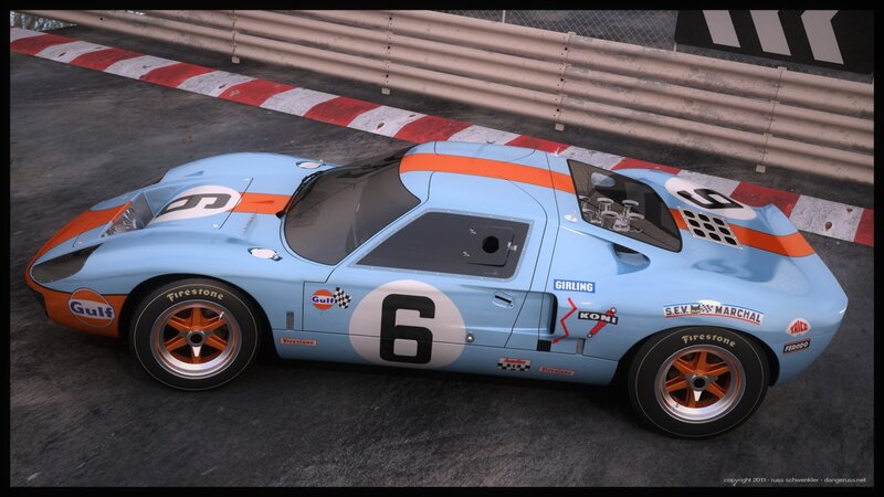 Gulf-liveried race car on track