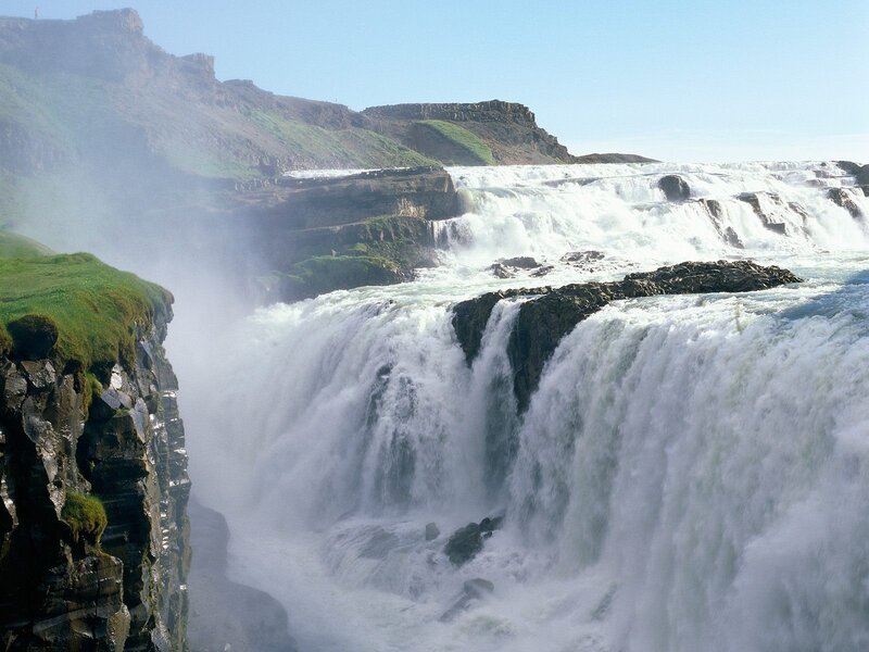 Gullfoss Waterfall — Green, Dramatic, Afternoon, Photograph, Cliffs, River, Mist