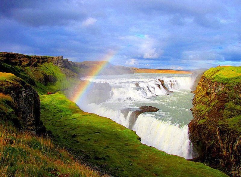 Gullfoss Waterfall — Green, Dramatic, Afternoon, Photograph, Rainbow, Cliffs, River