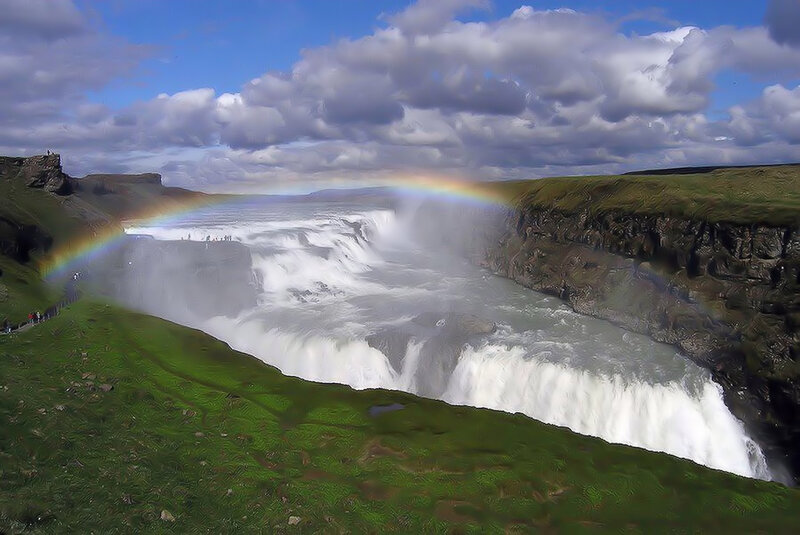 Gullfoss Waterfall — Green, Dramatic, Afternoon, Photograph, Rainbow, Cliffs