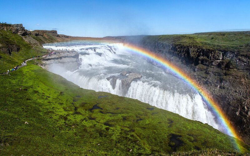Gullfoss Waterfall — Green, Dramatic, Afternoon, Photograph, Rainbow, People
