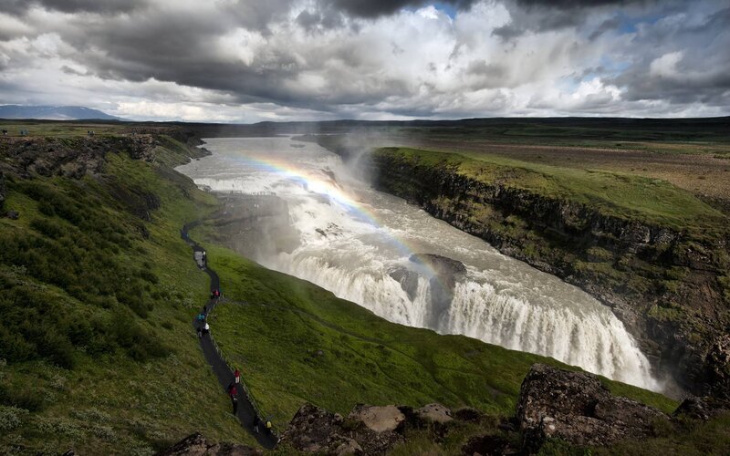 Gullfoss Waterfall — Green, Dramatic, Afternoon, Photograph, Rainbow, River
